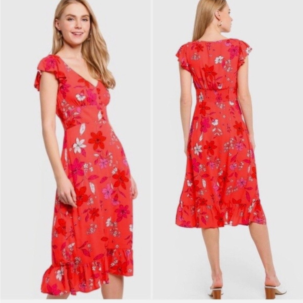 Banana Republic Coral & Red Maxi Sundress with Flutter Sleeves and V-Neck